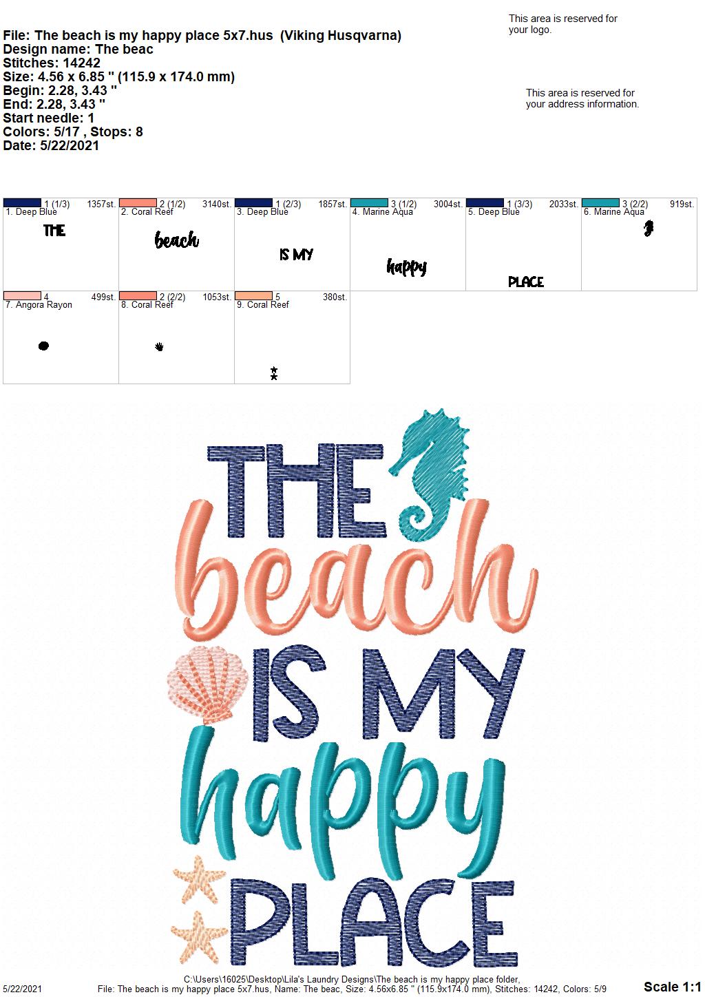 The Beach is My Happy Place - 2 sizes- Digital Embroidery Design