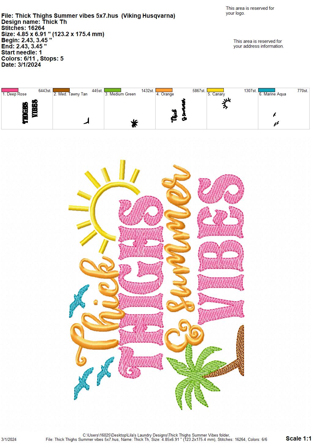 Thick Thighs & Summer Vibes - 3 Sizes - Digital Embroidery Design