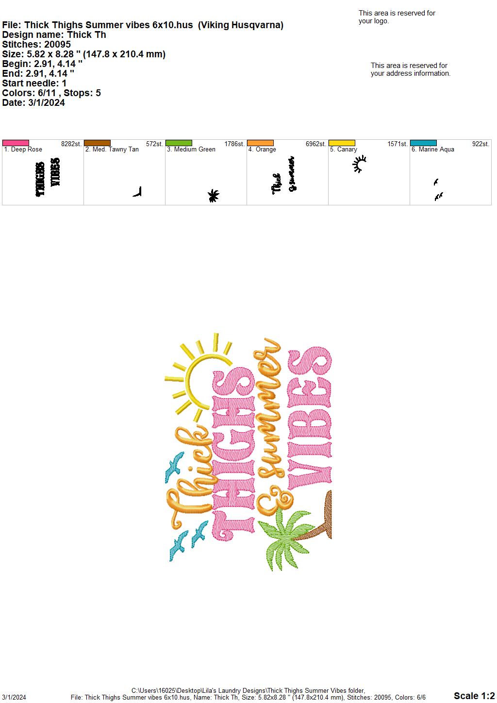 Thick Thighs & Summer Vibes - 3 Sizes - Digital Embroidery Design