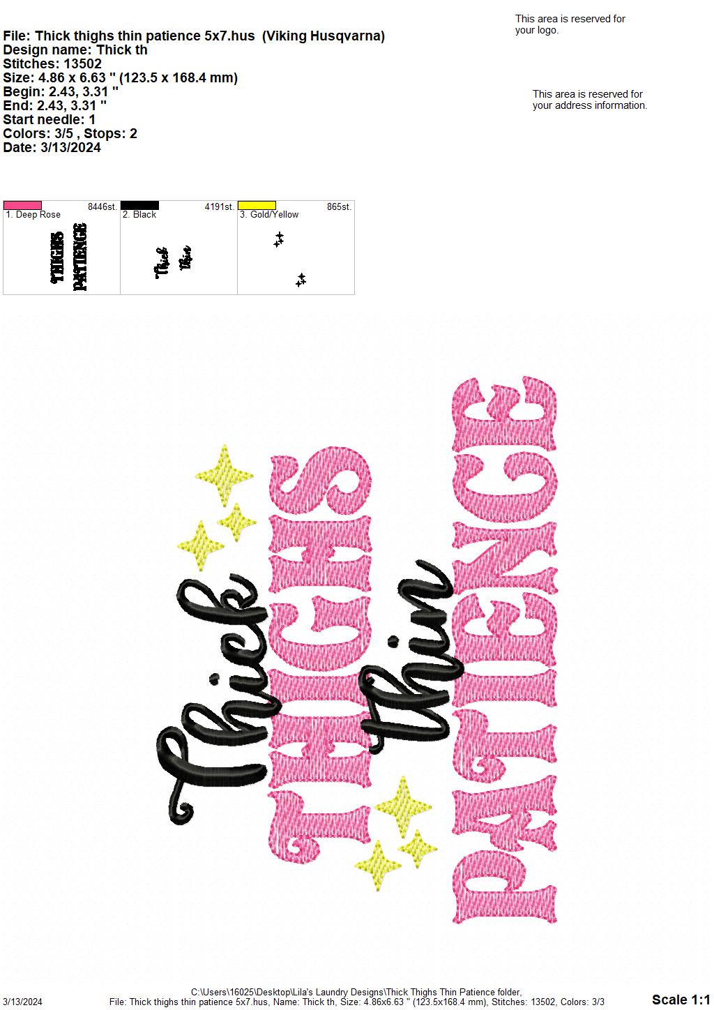 Thick Thighs Thin Patience - 4 Sizes - Digital Embroidery Design