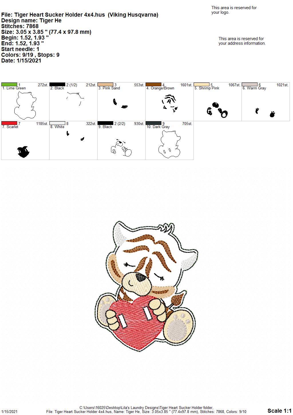 Tiger Heart Sucker Holder - DIGITAL Embroidery DESIGN