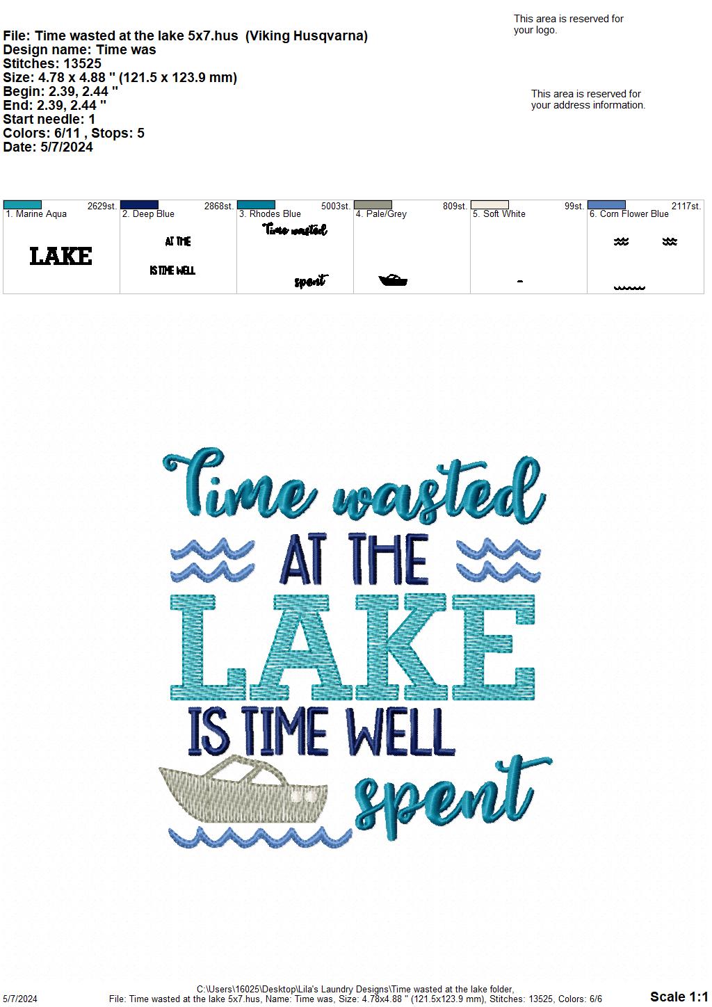 Time Wasted At the Lake - 4 Sizes - Digital Embroidery Design