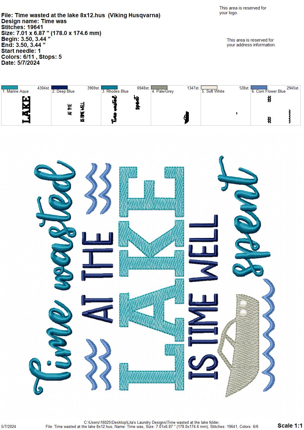 Time Wasted At the Lake - 4 Sizes - Digital Embroidery Design