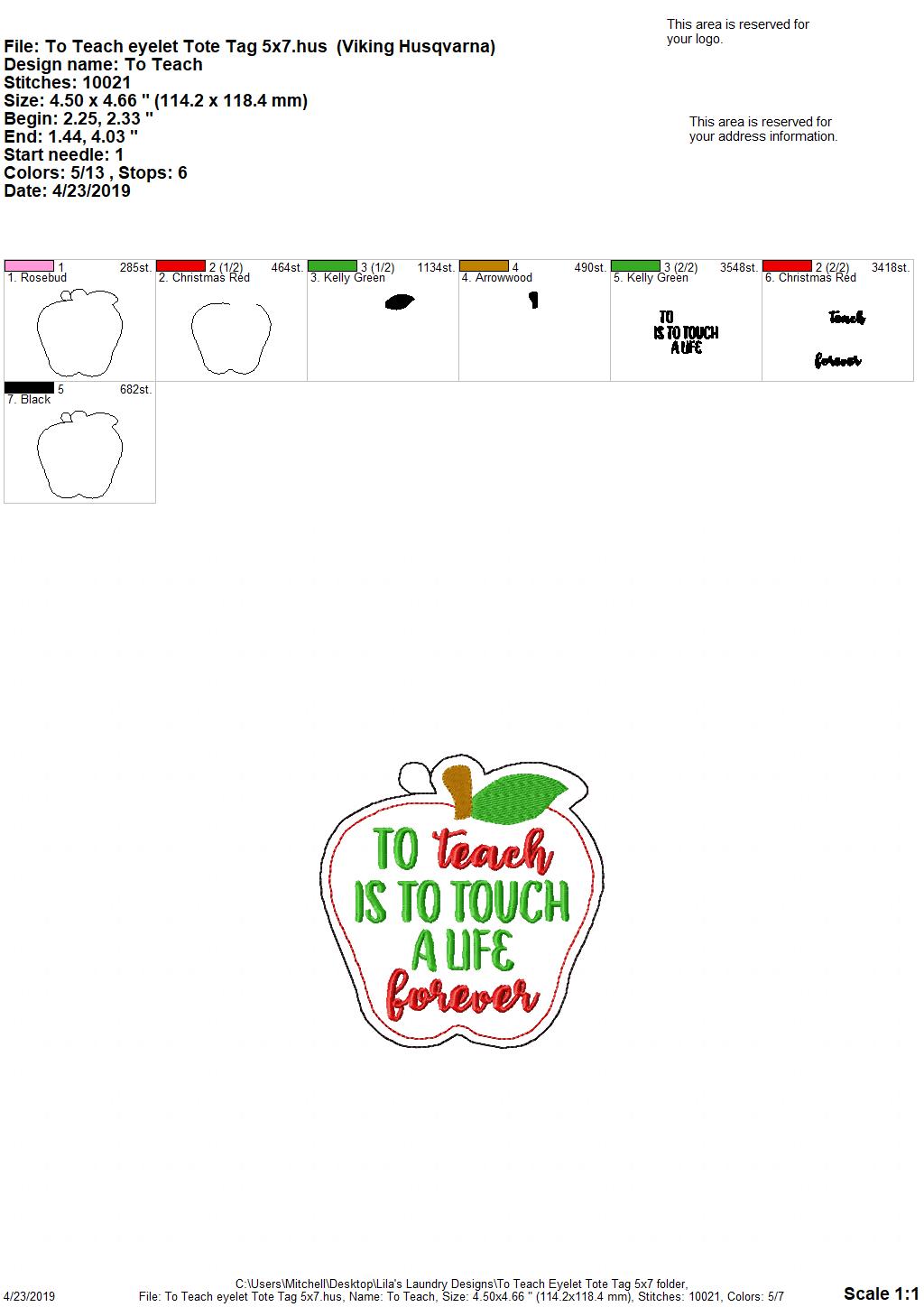 To Teach Tote Tag 5x7 - DIGITAL Embroidery DESIGN