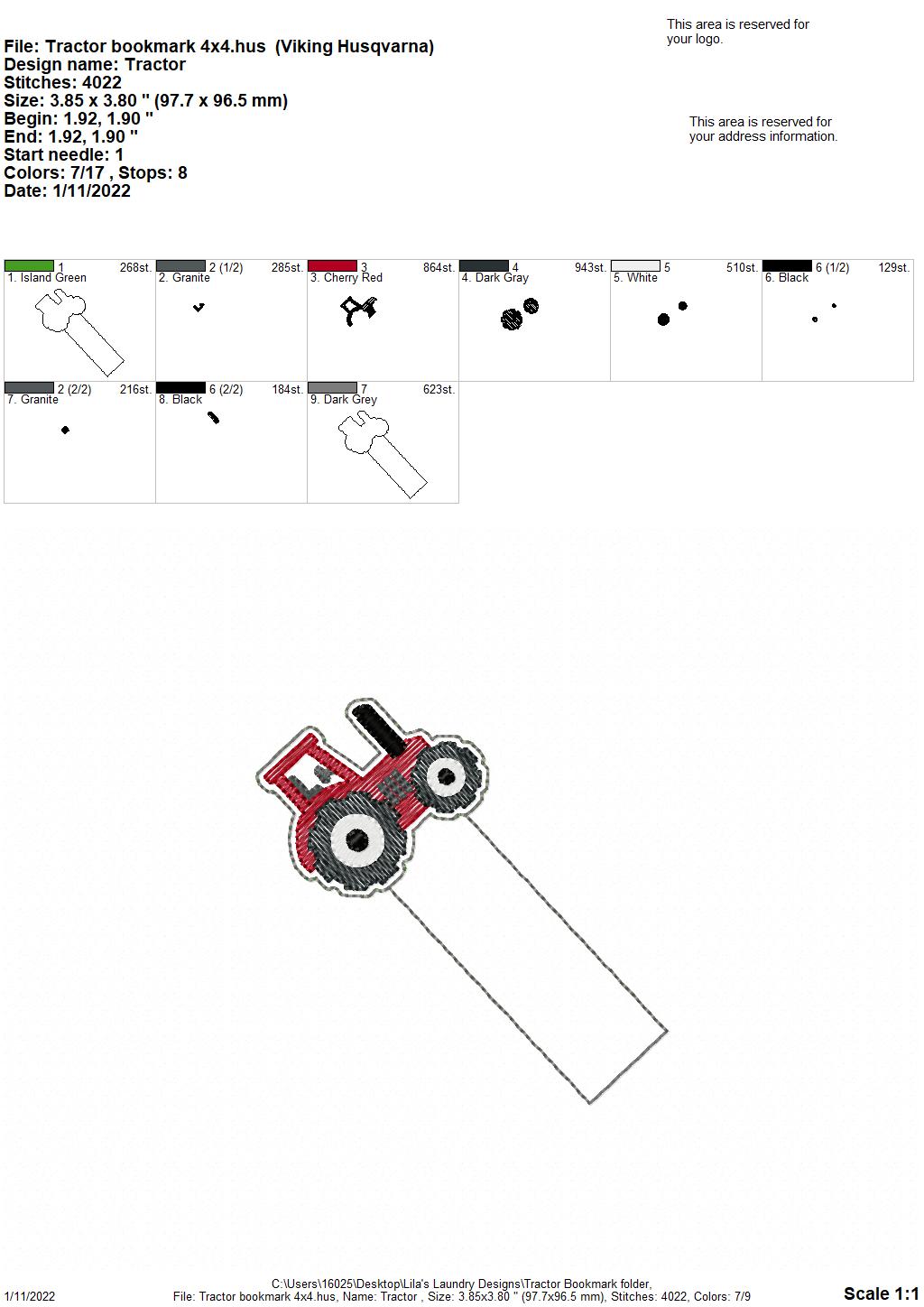 Tractor Bookmark 4x4 and 5x7 Grouped - Digital Embroidery Design
