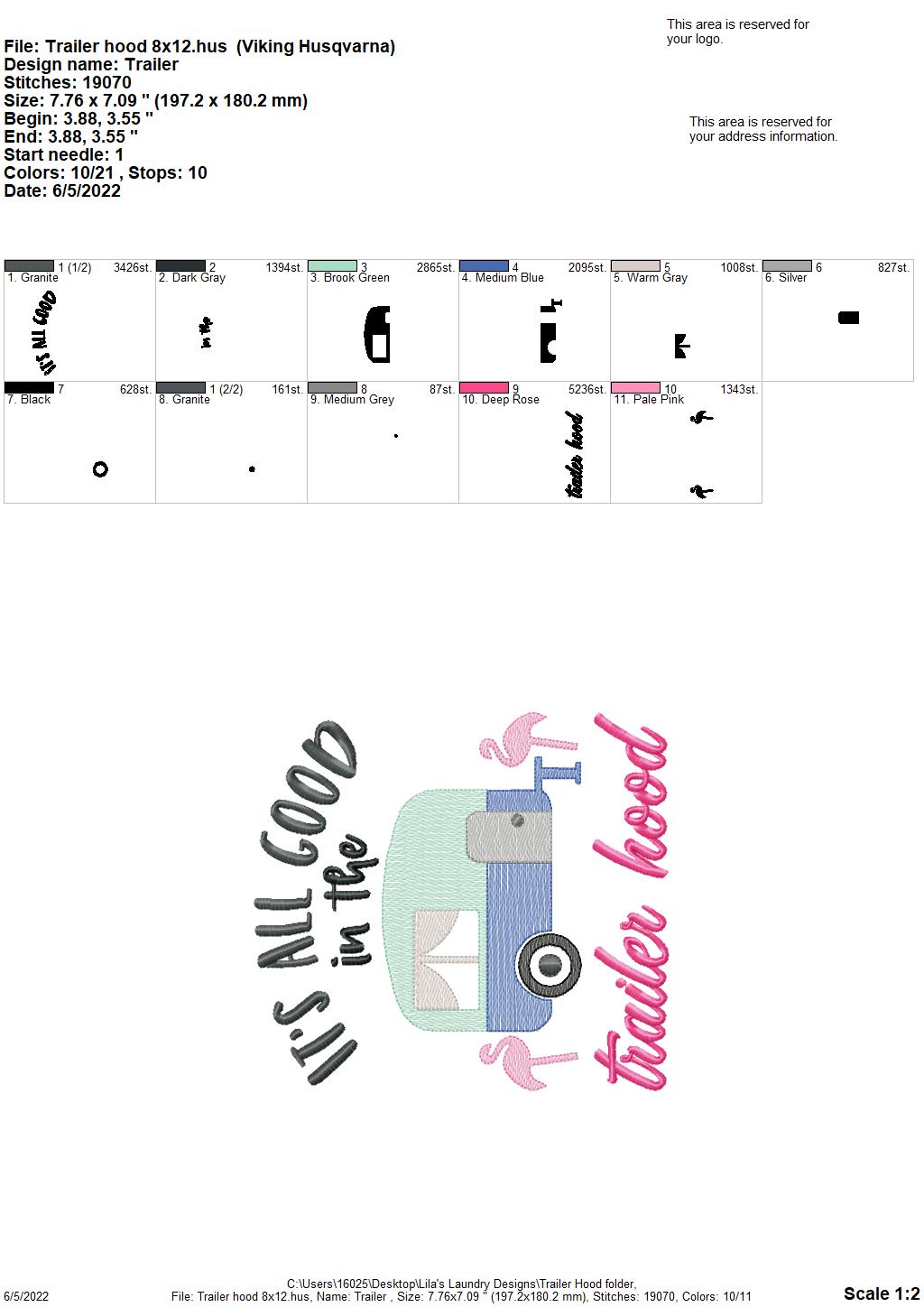 Trailer Hood - 3 sizes- Digital Embroidery Design