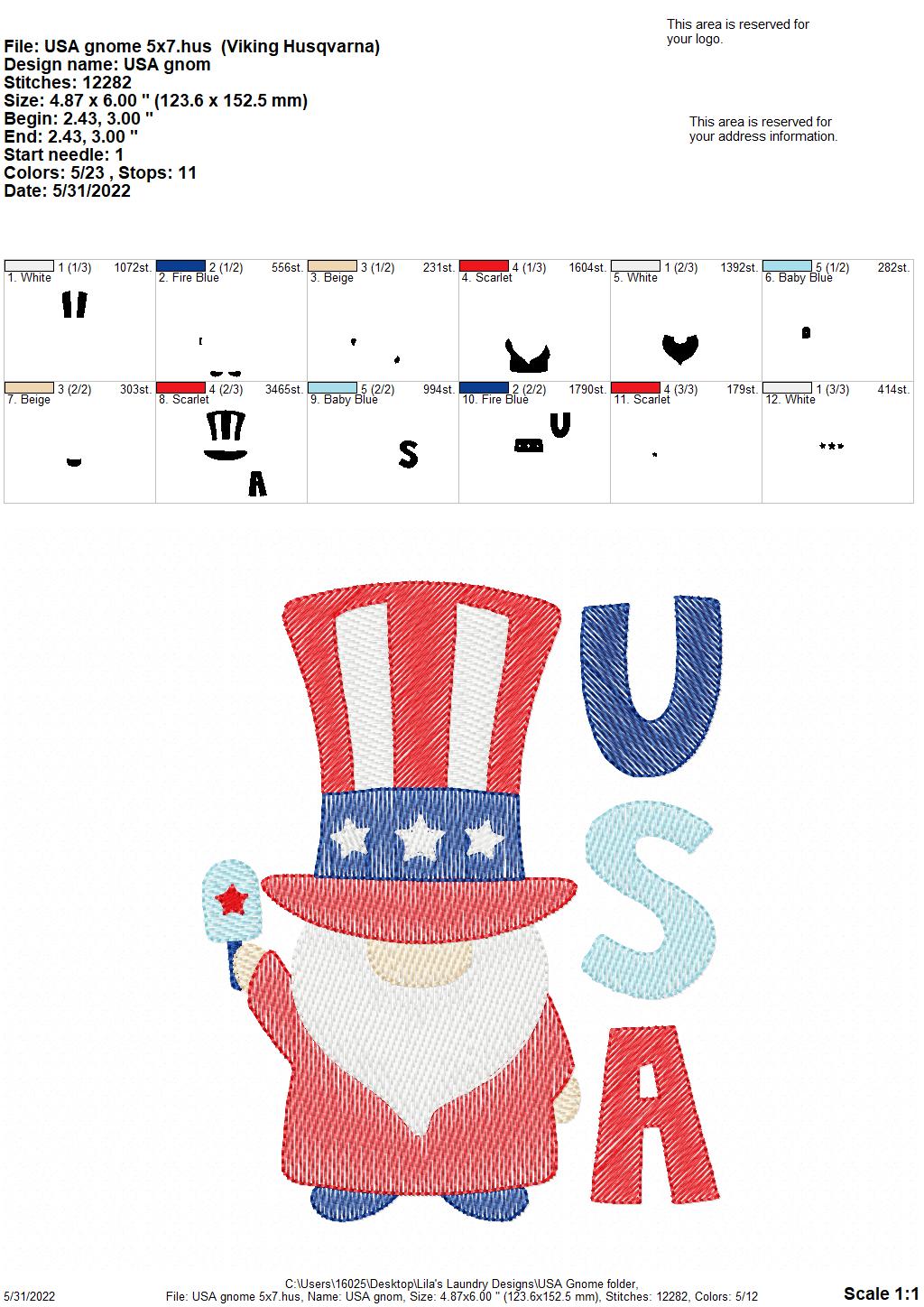 USA Gnome - 3 sizes- Digital Embroidery Design
