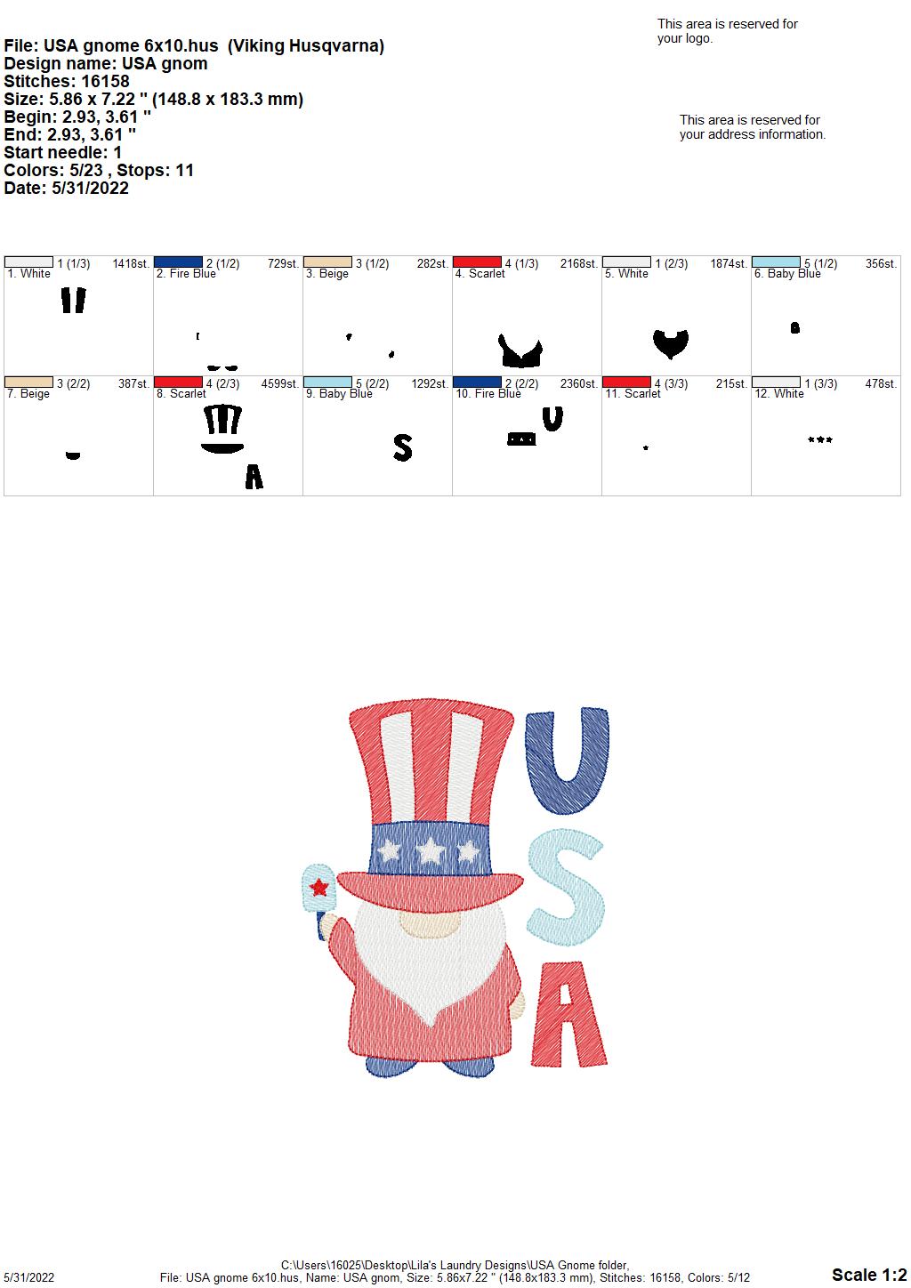 USA Gnome - 3 sizes- Digital Embroidery Design