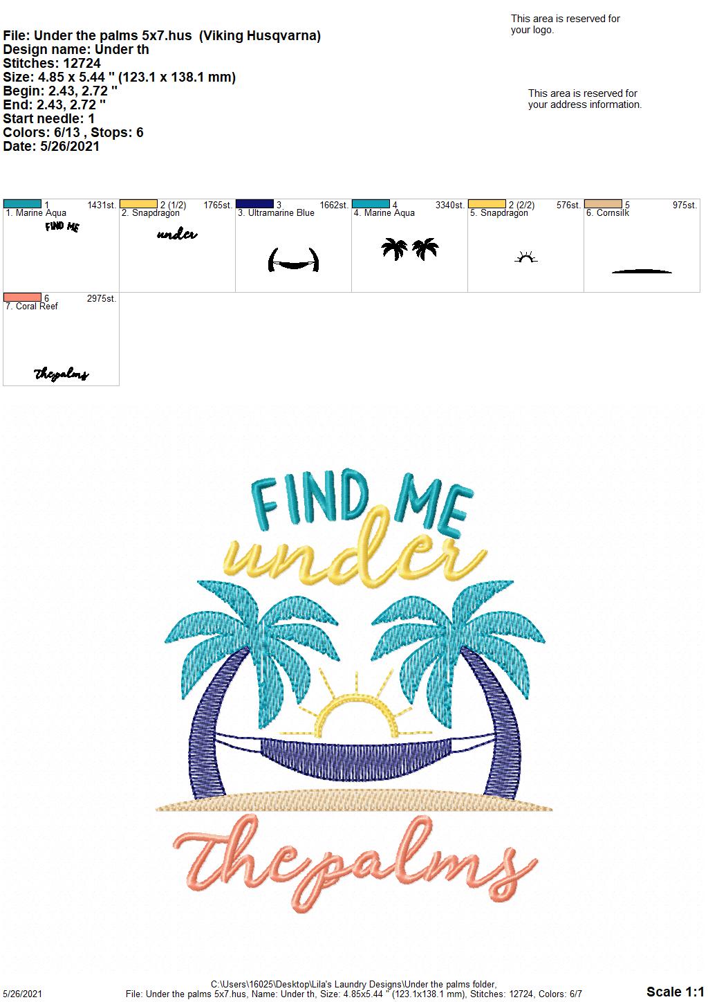 Under The Palms - 4 sizes- Digital Embroidery Design