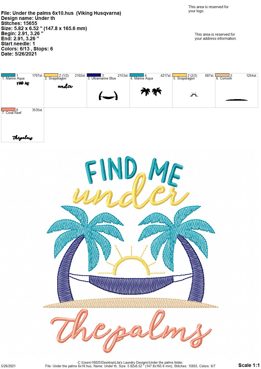 Under The Palms - 4 sizes- Digital Embroidery Design