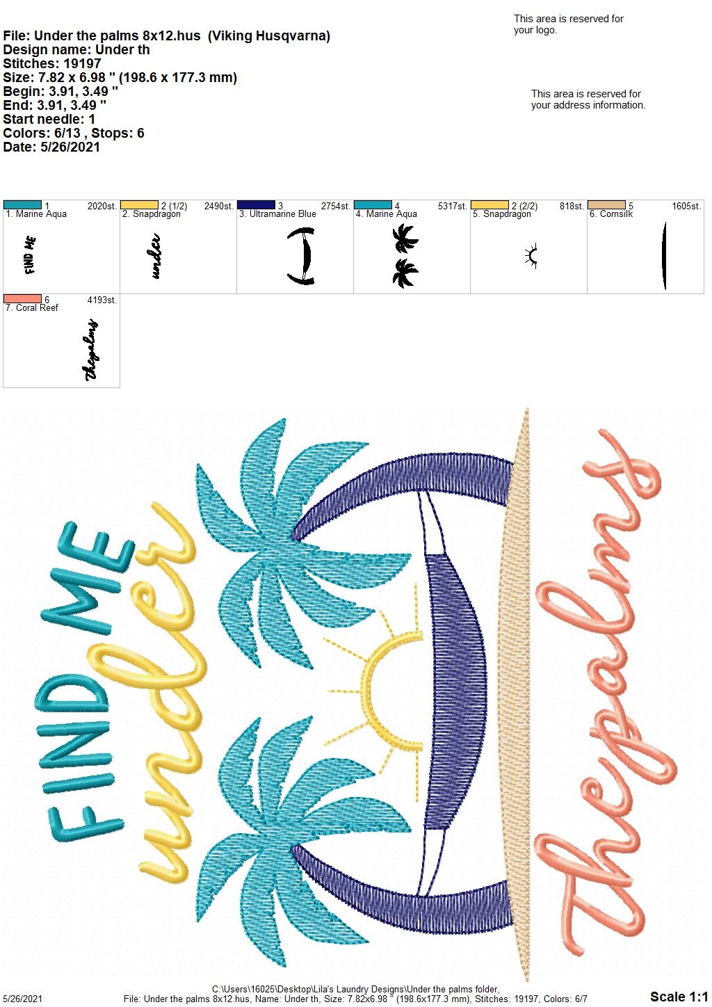 Under The Palms - 4 sizes- Digital Embroidery Design