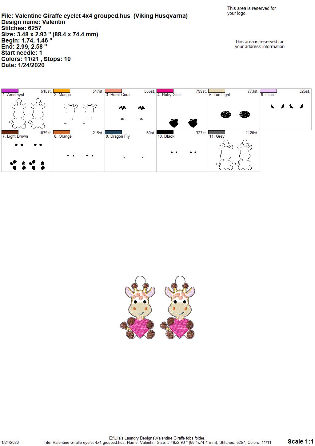 Valentine Giraffe Fobs -  DIGITAL Embroidery DESIGN