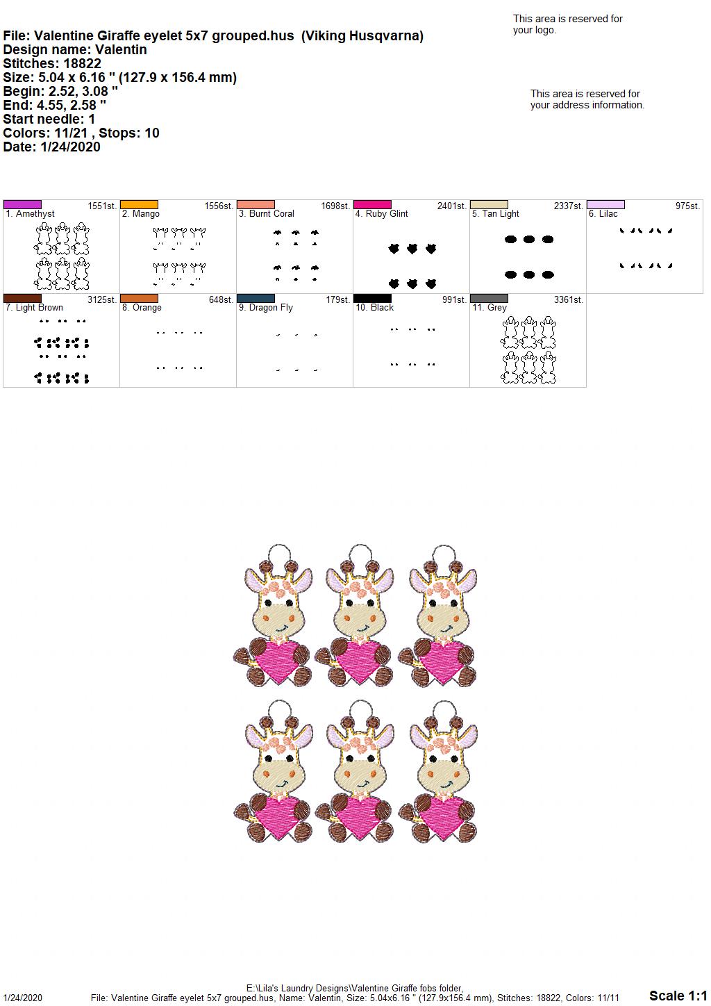 Valentine Giraffe Fobs -  DIGITAL Embroidery DESIGN