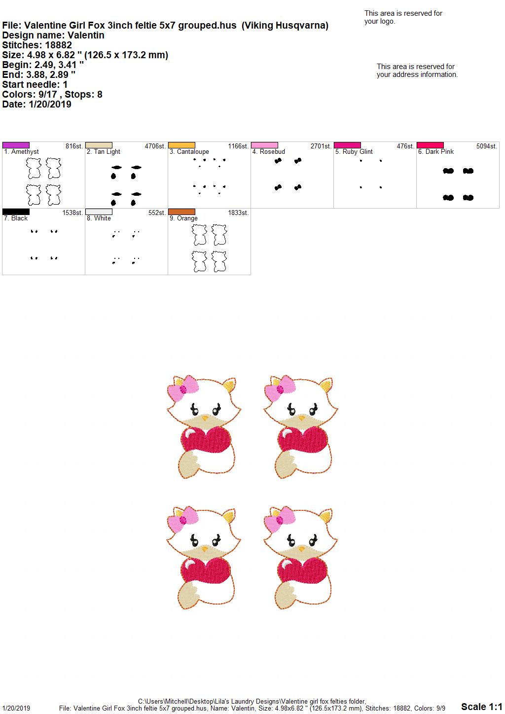 Valentine Girl Fox Felties - 3 sizes- Digital Embroidery Design