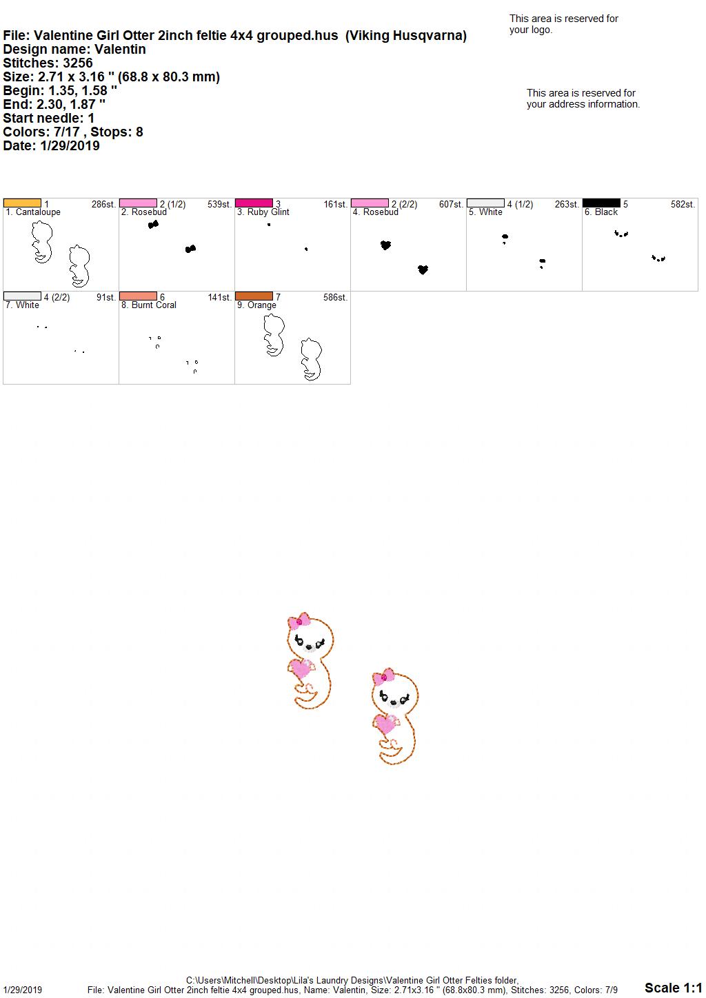 Valentine Girl Otter Felties - 3 sizes- Digital Embroidery Design