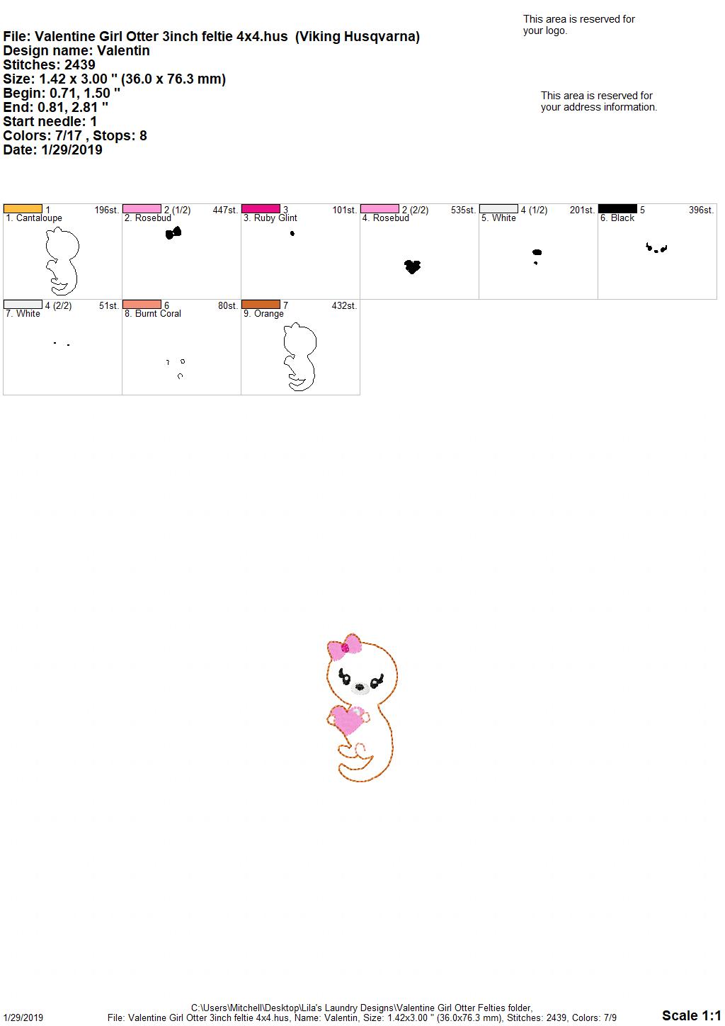Valentine Girl Otter Felties - 3 sizes- Digital Embroidery Design