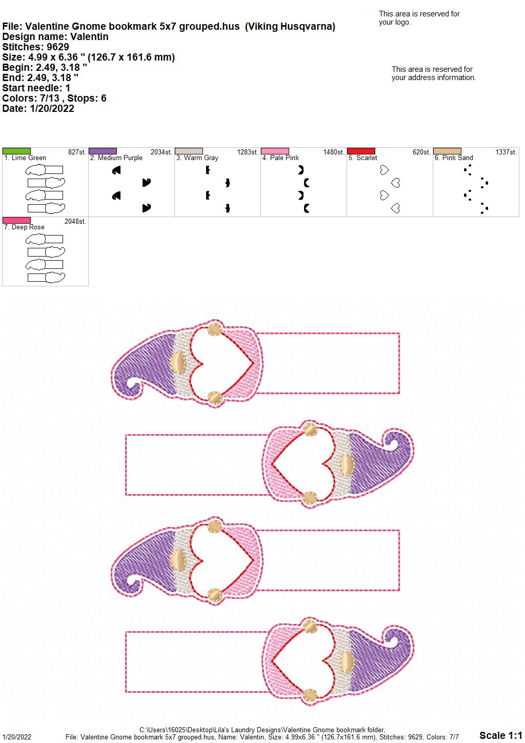 Valentine Gnome Bookmark 4x4 and 5x7 Grouped - Digital Embroidery Design