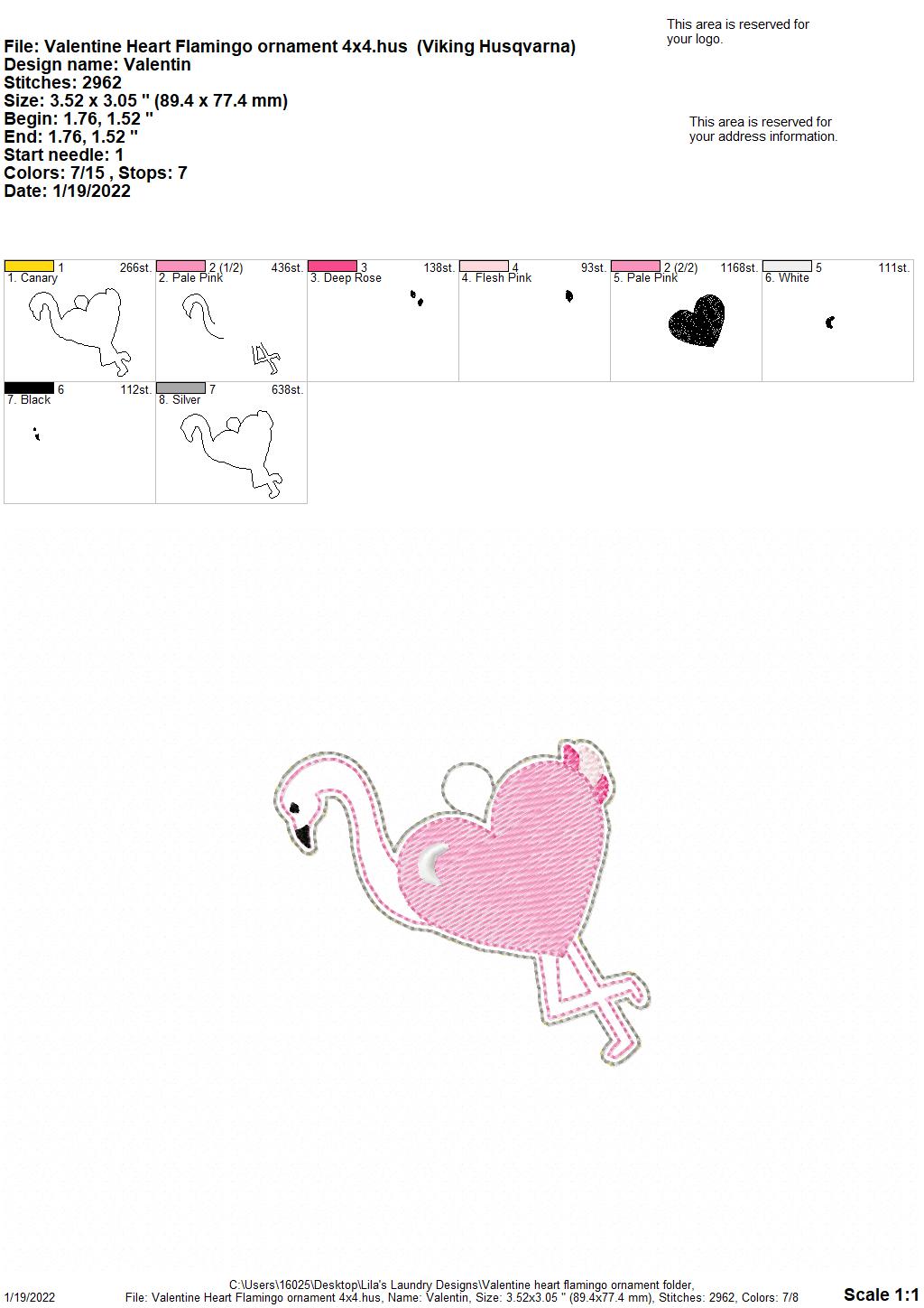 Valentine Heart Flamingo Ornament - Digital Embroidery Design