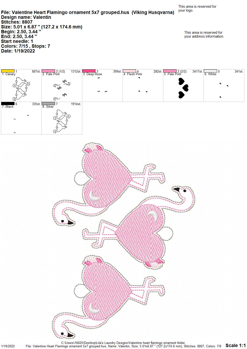 Valentine Heart Flamingo Ornament - Digital Embroidery Design