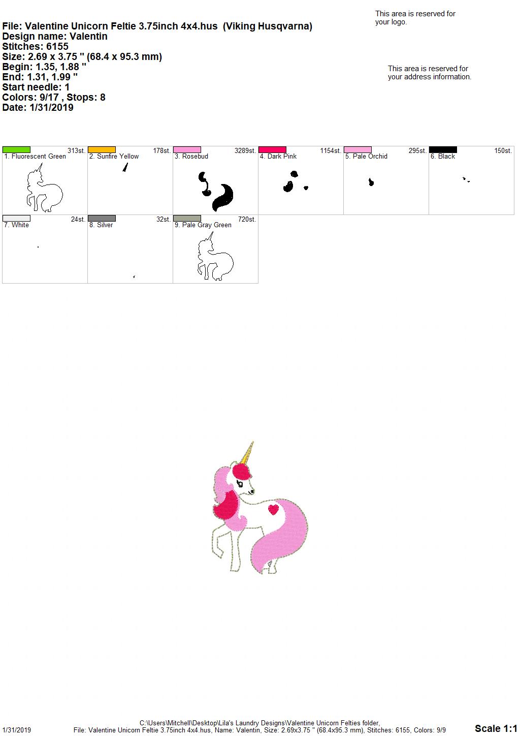 Valentine Unicorn Felties - 3 sizes- Digital Embroidery Design