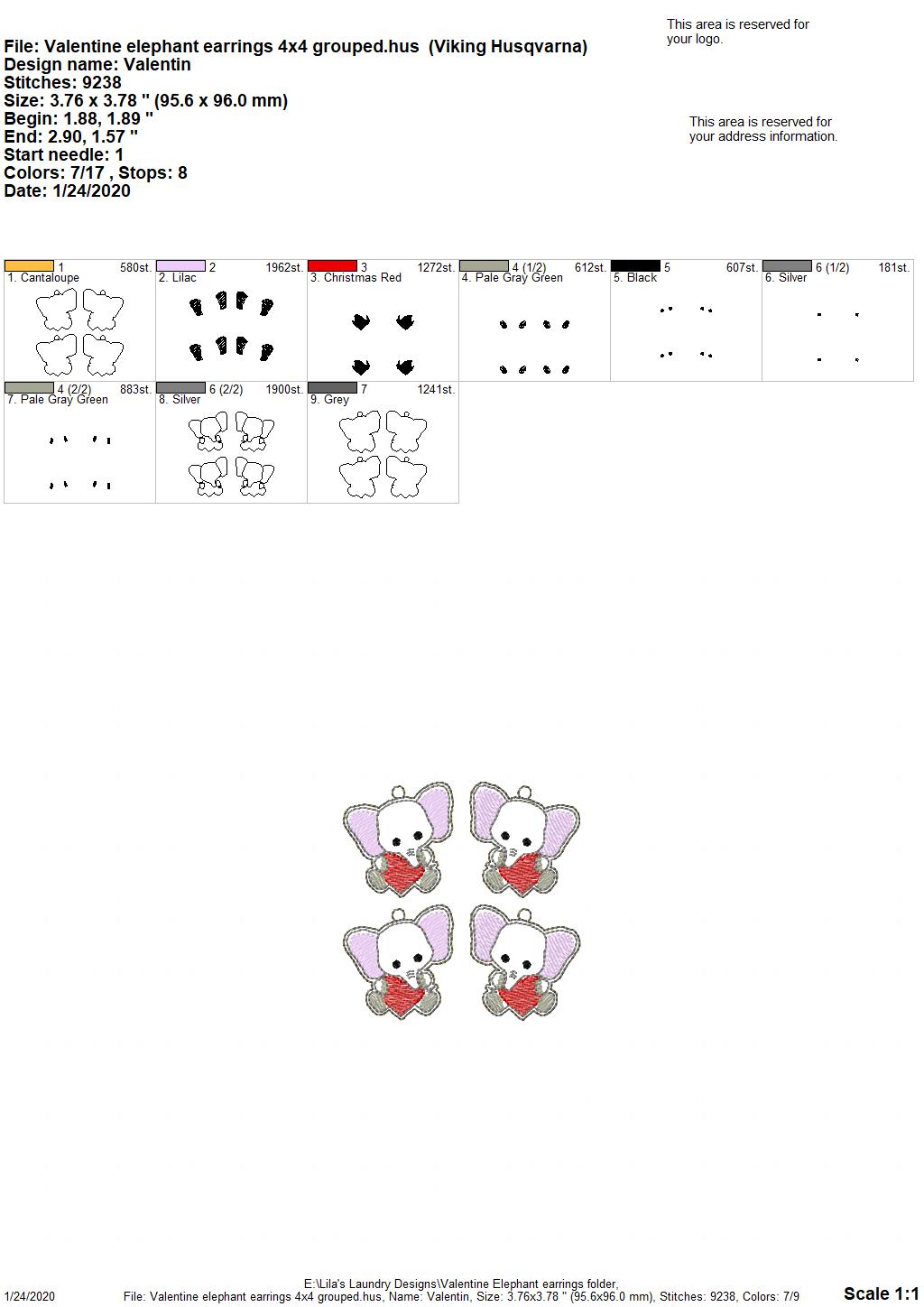 Valentine Elephant Earrings - Digital Embroidery Design