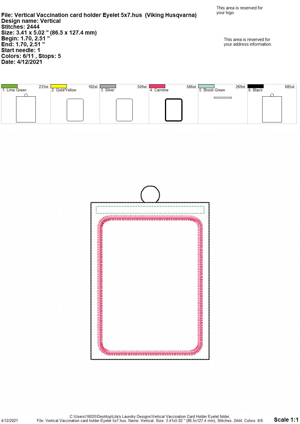 Vertical Vaccination Card Holder Eyelet 5x7