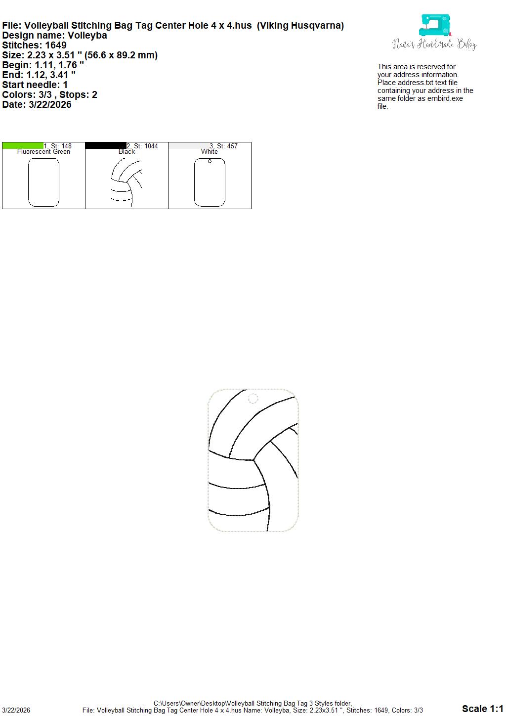 Volleyball Stitching Bag Tag – 3 Styles Included – Digital Embroidery Design