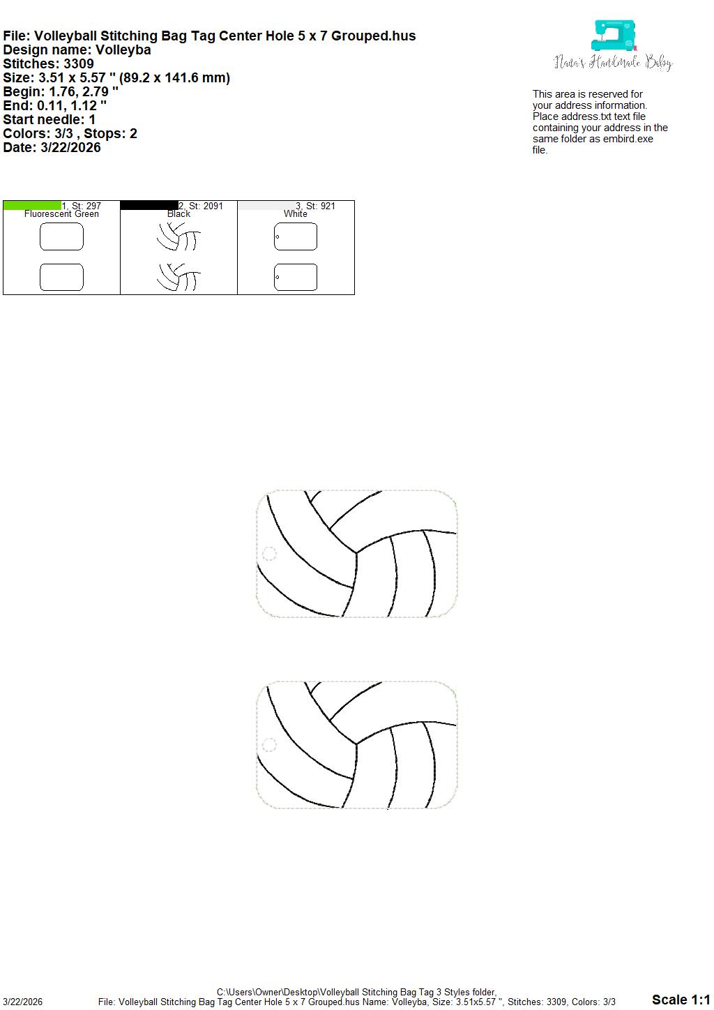 Volleyball Stitching Bag Tag – 3 Styles Included – Digital Embroidery Design