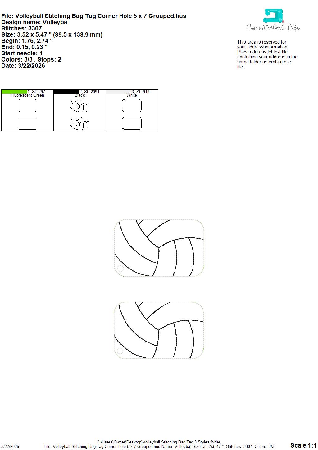 Volleyball Stitching Bag Tag – 3 Styles Included – Digital Embroidery Design