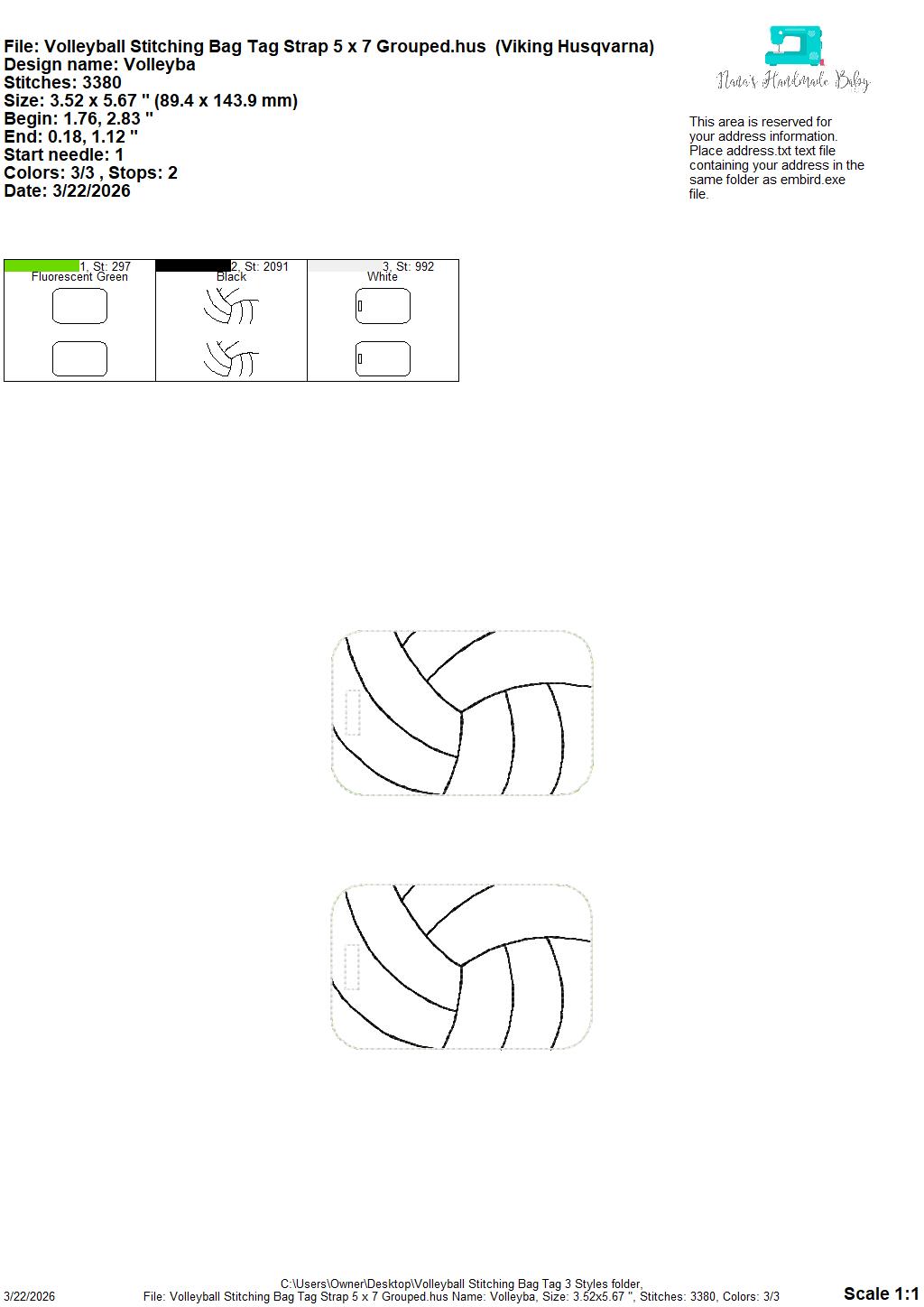 Volleyball Stitching Bag Tag – 3 Styles Included – Digital Embroidery Design