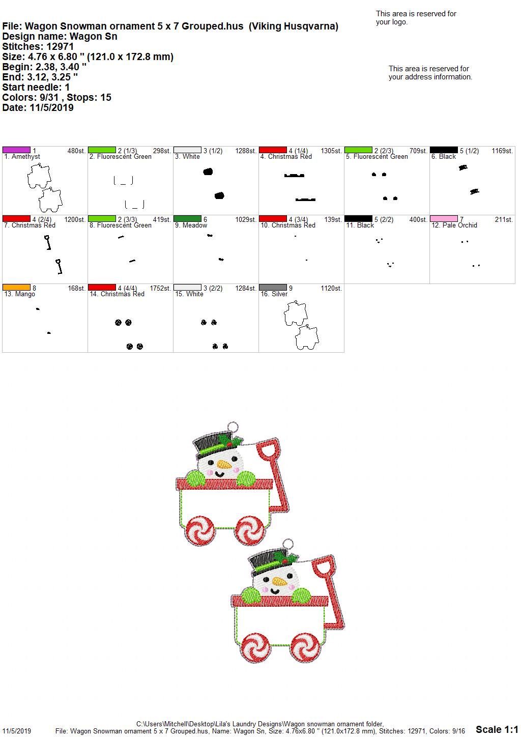 Wagon Snowman Ornament - Digital Embroidery Design