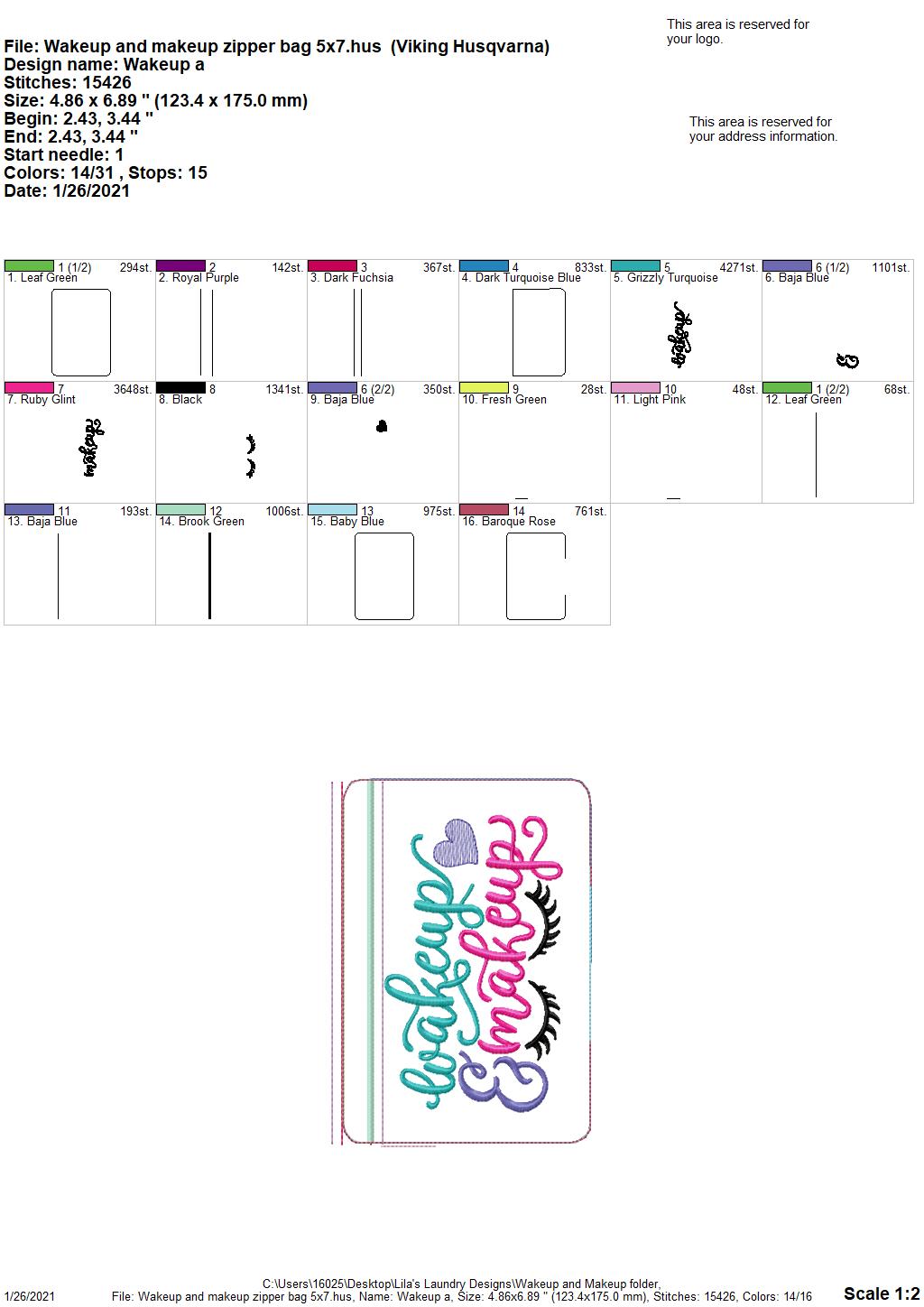 Wakeup and Makeup Zipper Bag - 2 sizes - Digital Embroidery Design