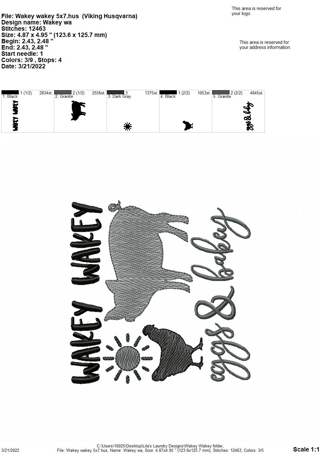 Wakey Wakey- 3 sizes- Digital Embroidery Design