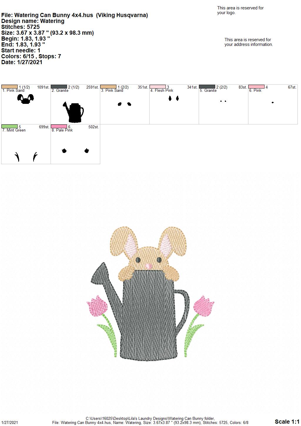 Watering Can Bunny - 4 sizes- Digital Embroidery Design