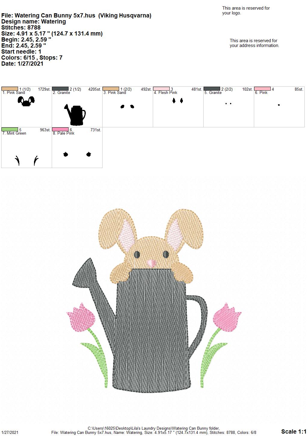 Watering Can Bunny - 4 sizes- Digital Embroidery Design