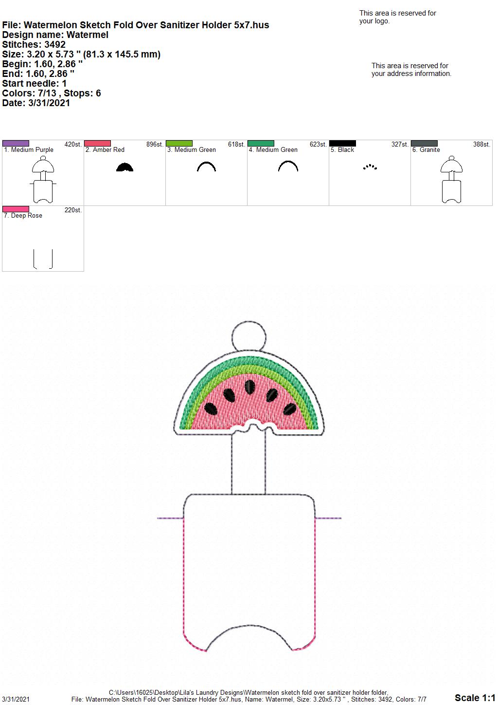 Watermelon Sketch Fold Over Sanitizer Holder 5x7- DIGITAL Embroidery DESIGN