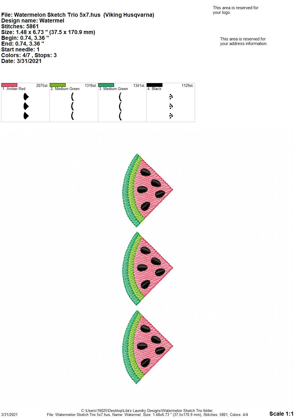 Watermelno Sketch Trio - 3 sizes- Digital Embroidery Design