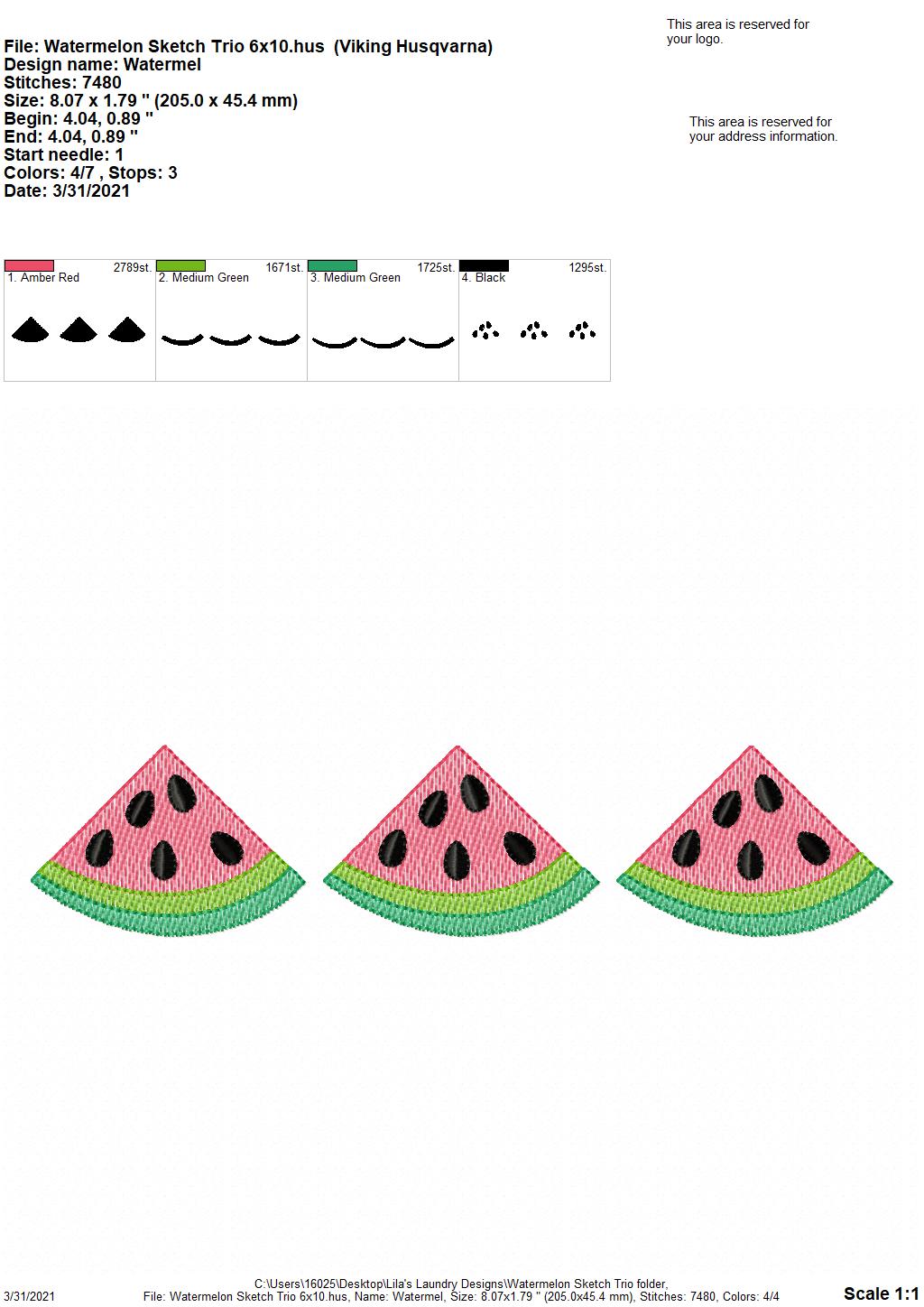 Watermelno Sketch Trio - 3 sizes- Digital Embroidery Design
