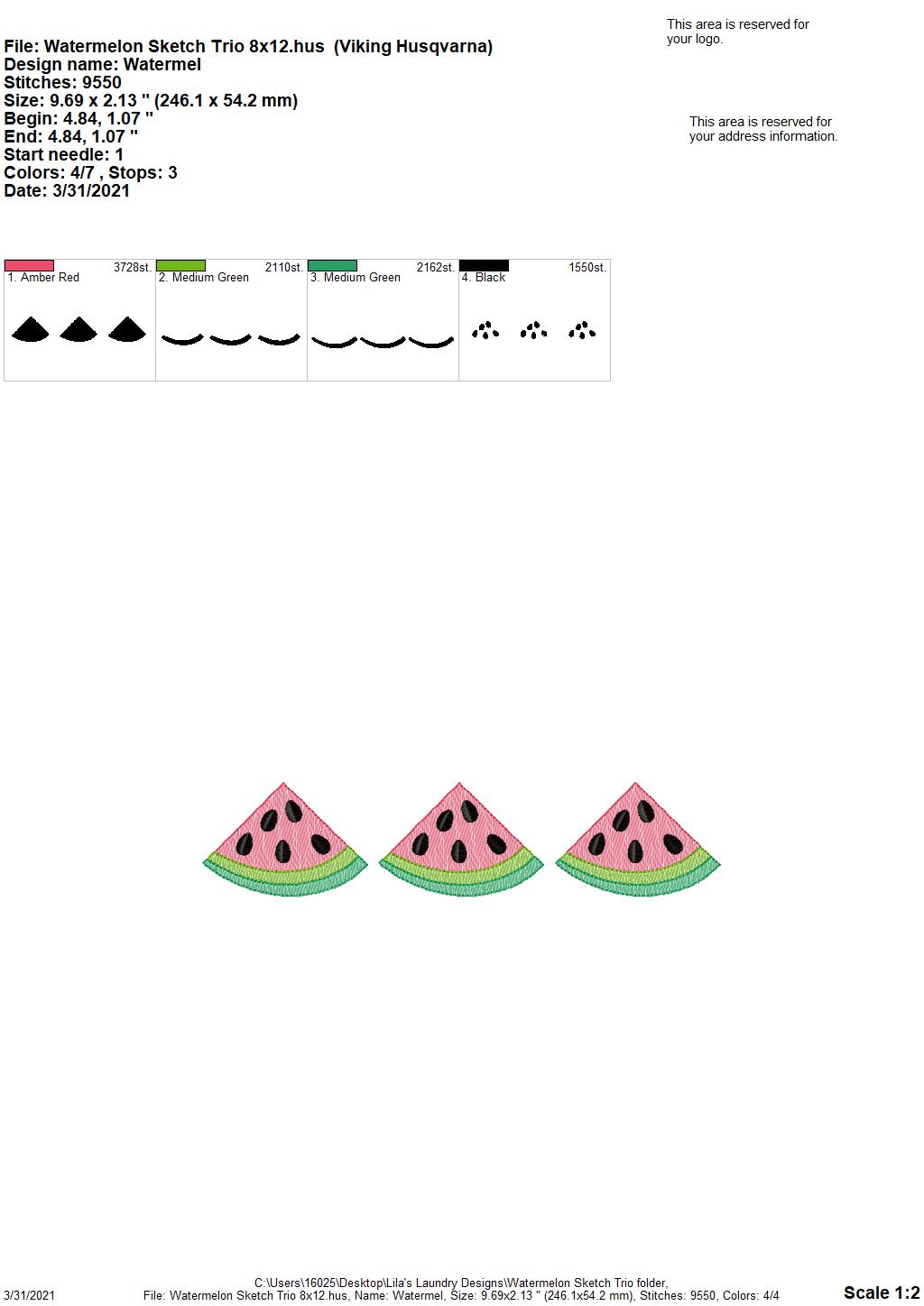 Watermelno Sketch Trio - 3 sizes- Digital Embroidery Design