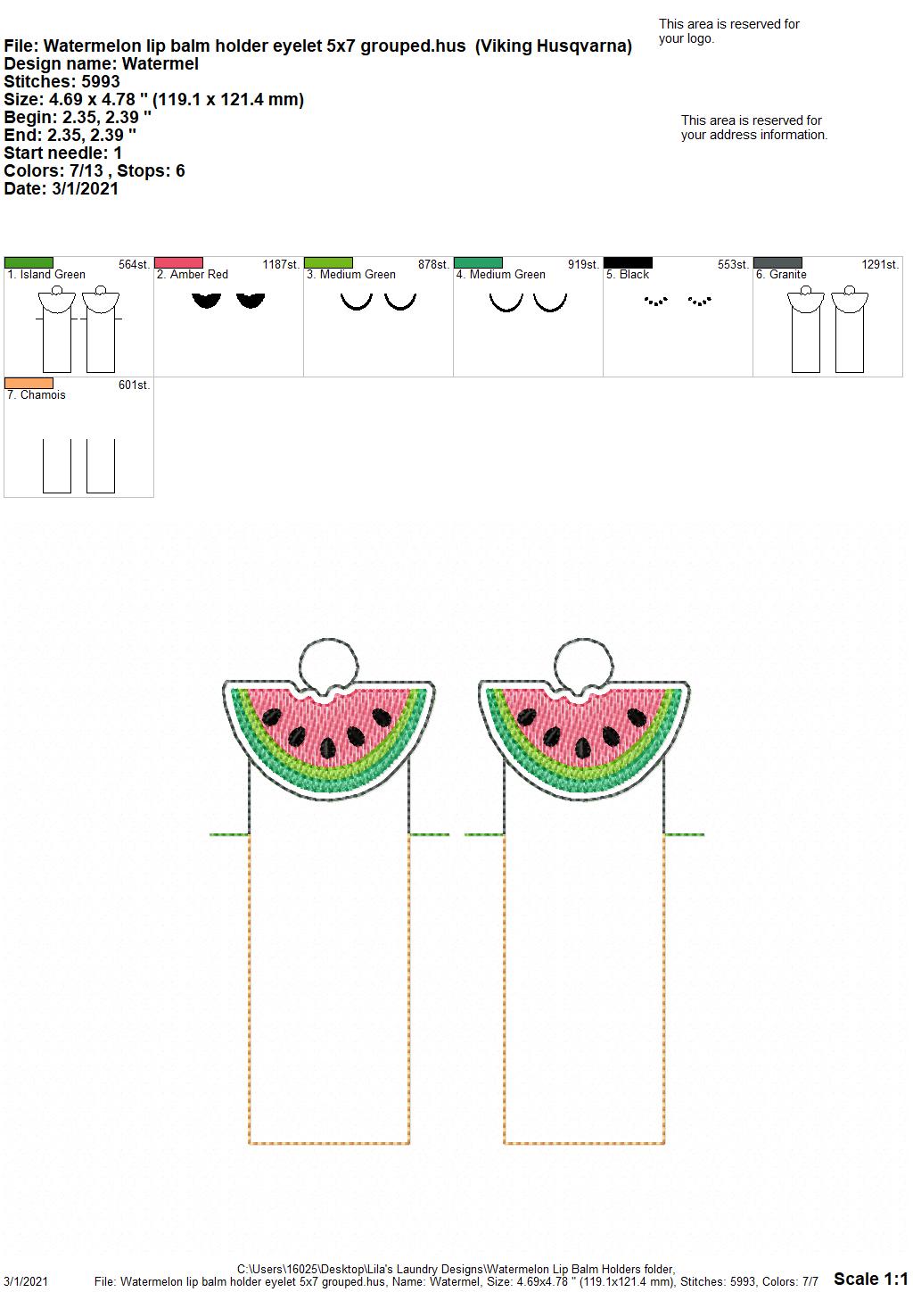 Watermelon Lip Balm Holders 5x7 - DIGITAL Embroidery DESIGN\