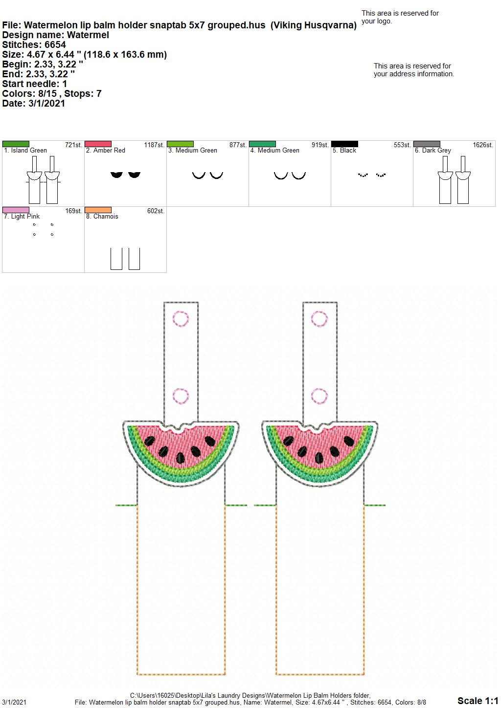 Watermelon Lip Balm Holders 5x7 - DIGITAL Embroidery DESIGN\
