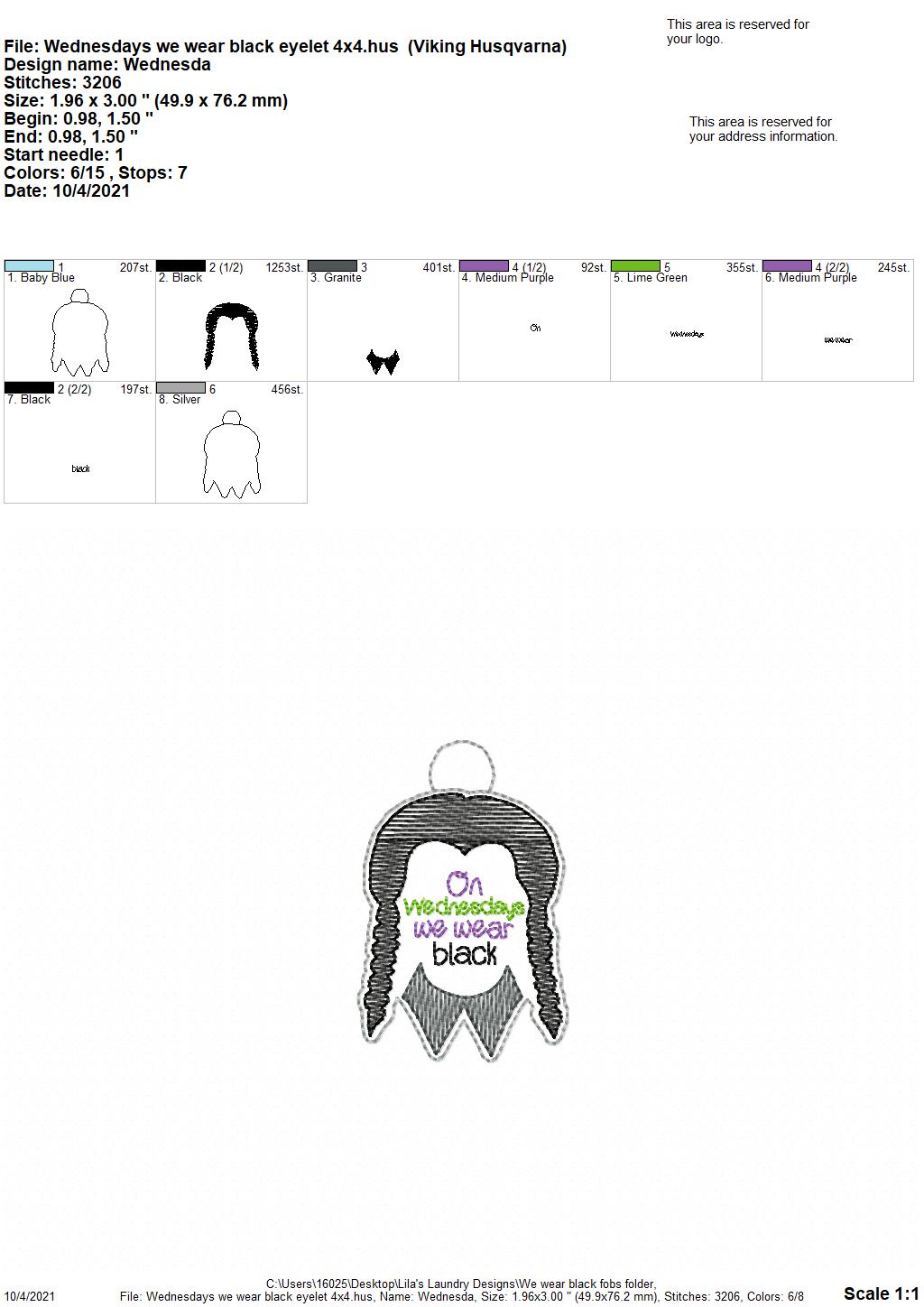 Wednesdays We Wear Black Fobs - DIGITAL Embroidery DESIGN