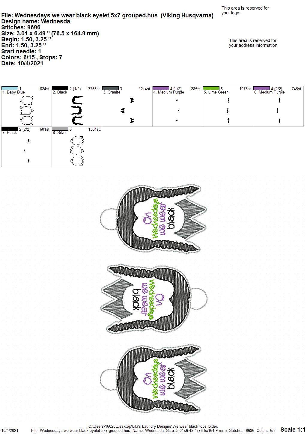 Wednesdays We Wear Black Fobs - DIGITAL Embroidery DESIGN