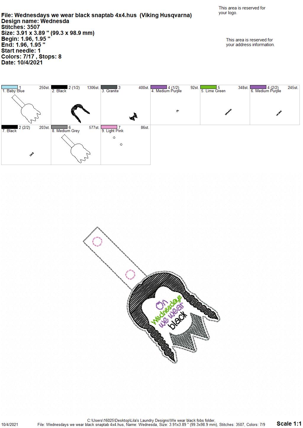 Wednesdays We Wear Black Fobs - DIGITAL Embroidery DESIGN