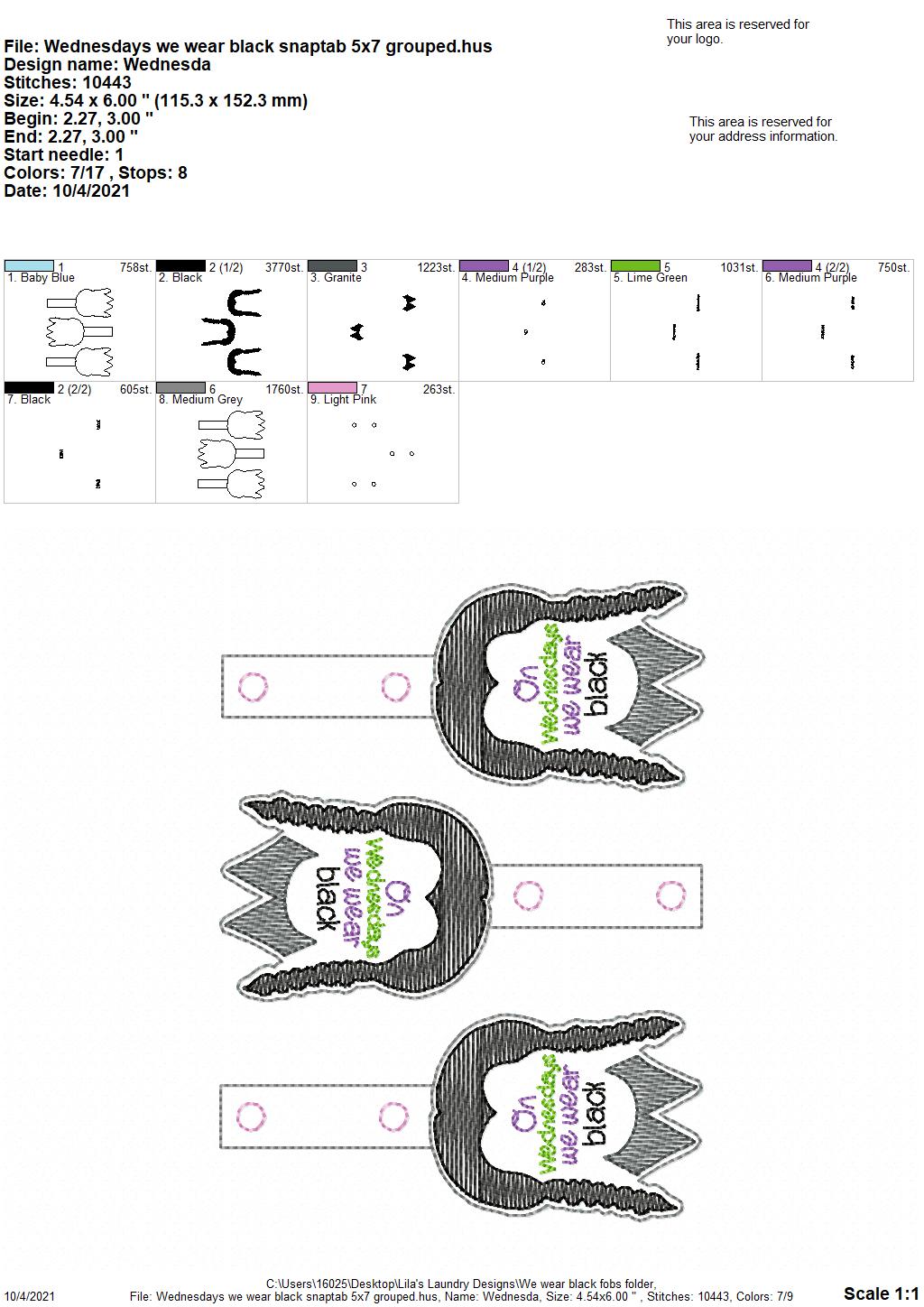 Wednesdays We Wear Black Fobs - DIGITAL Embroidery DESIGN