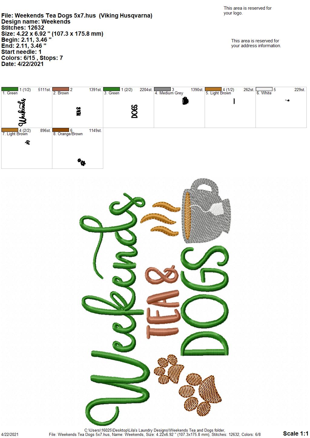 Weekends Tea Dogs - 3 sizes- Digital Embroidery Design