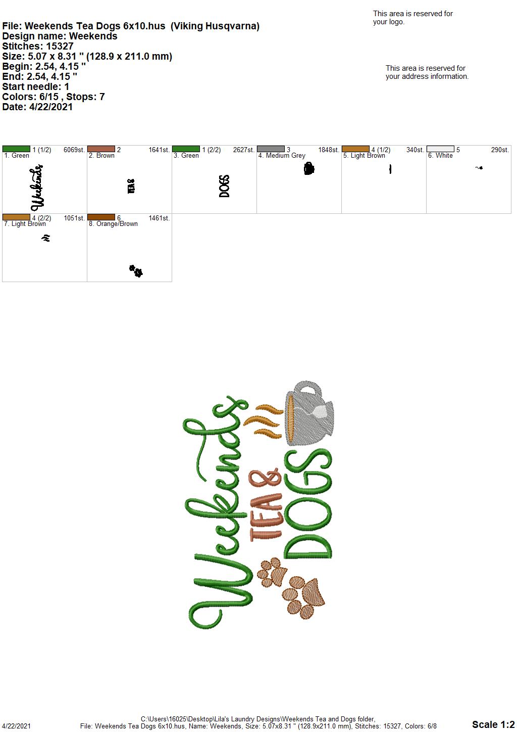 Weekends Tea Dogs - 3 sizes- Digital Embroidery Design