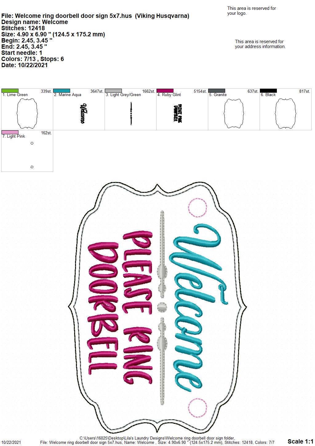 Welcome Ring Doorbell Door Sign - 3 sizes - Digital Embroidery Design