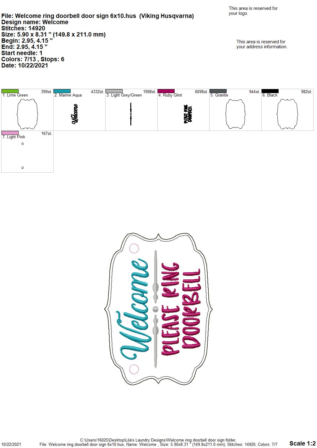 Welcome Ring Doorbell Door Sign - 3 sizes - Digital Embroidery Design
