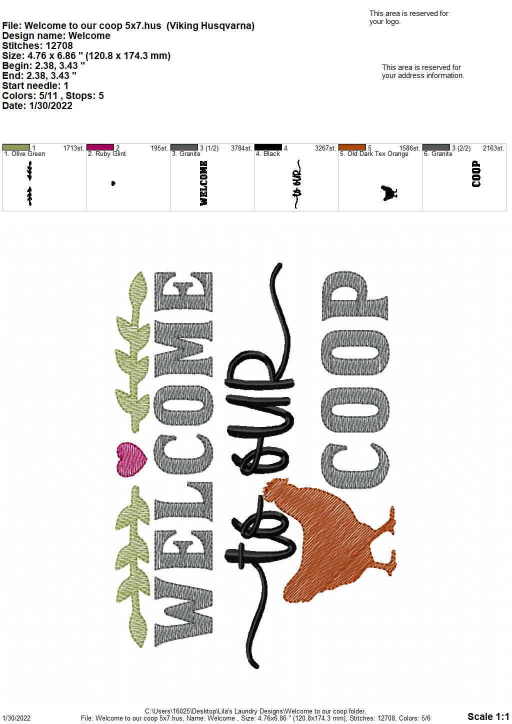 Welcome to our Coop - 4 sizes- Digital Embroidery Design